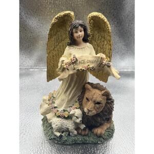 Vintage Music Box Peace On Earth Angel Figurine Christmas Biblical Lion Lamb